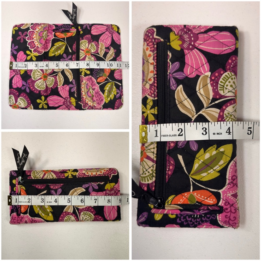 Vera Bradley Quilted Floral Trifold Wallet Black Purple Pink Organizer One Size - Picture 7 of 8
